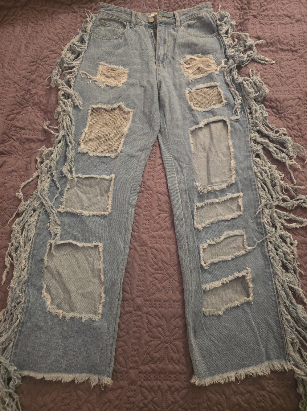 Frayed Light Blue Patchwork Wide-Leg Jeans